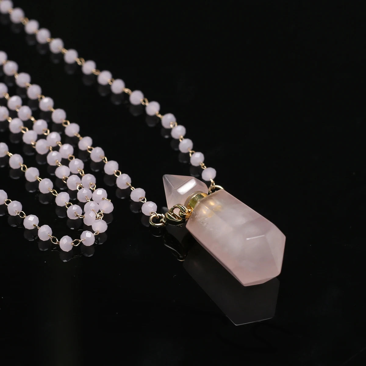 Natural Stone Rose Clear Quartz Perfume Bottle Pendant Pearl Gravel Chain Essential Oil Diffuser Charms Women Jewerly Necklace - AMULET RING STORE