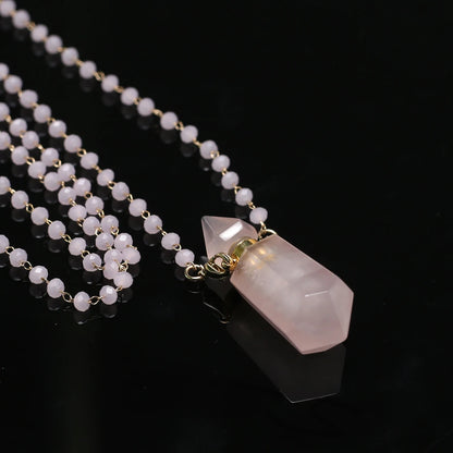 Natural Stone Rose Clear Quartz Perfume Bottle Pendant Pearl Gravel Chain Essential Oil Diffuser Charms Women Jewerly Necklace - AMULET RING STORE