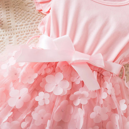 Toddler Baby Girls Clothes Elegant Floral Print Tulle Dress Summer Kids Princess Party Birthday Dress Butterfly Solid Mesh Dress