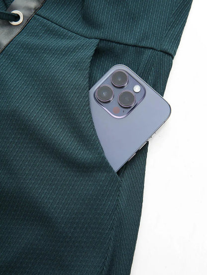 ROSEGAL Plus Size Lace-up Grommets Hooded Lace Trim Split Dress Women Autumn Winter Deep Green Long Sleeves Casual Dresses