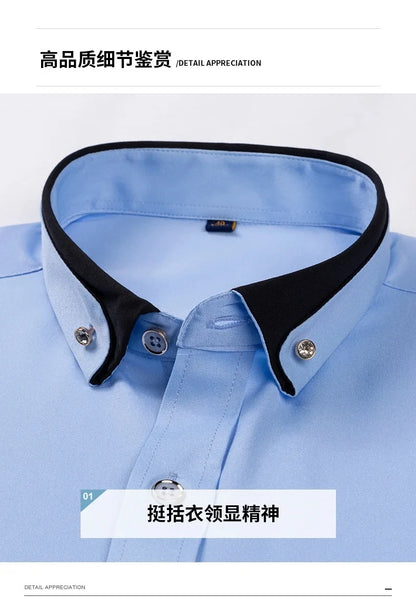 4XL Stand Up Collar Long Sleeve Shirt for Men Social Camisa Anti-wrinkle Pockets with Diamond Button Down White Shirt Black Blue