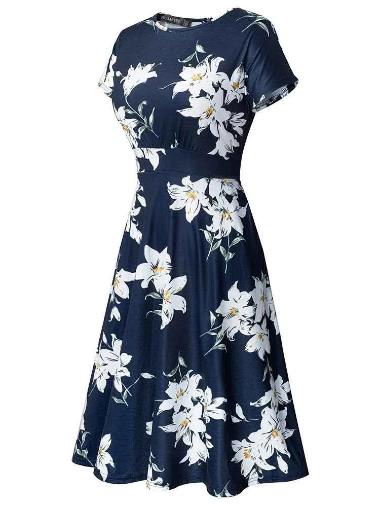 Nice-forever Vintage Elegant Floral Print Pleated Round neck vestidos A-Line Pinup Business Party Women Flare Swing Dress A102