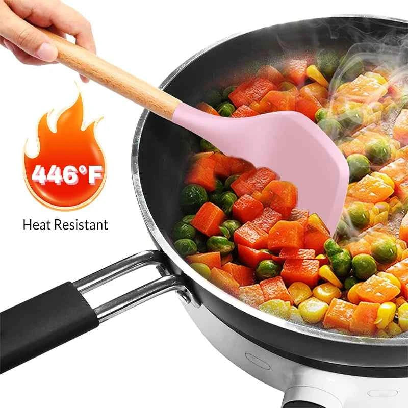 Silicone Cookware Set 12pcs Kitchen Utensil Wooden Handle Non-stick Spatula Shovel Spoon Kitchen Cooking Specialty Tools