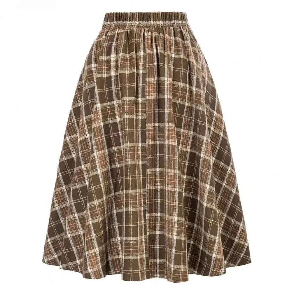 High Waist Plaid Swing Skirt Faionable Large Flounce Midi Skirt Women's Premium Clothing A-Line Silhouette Umbrella Skirt