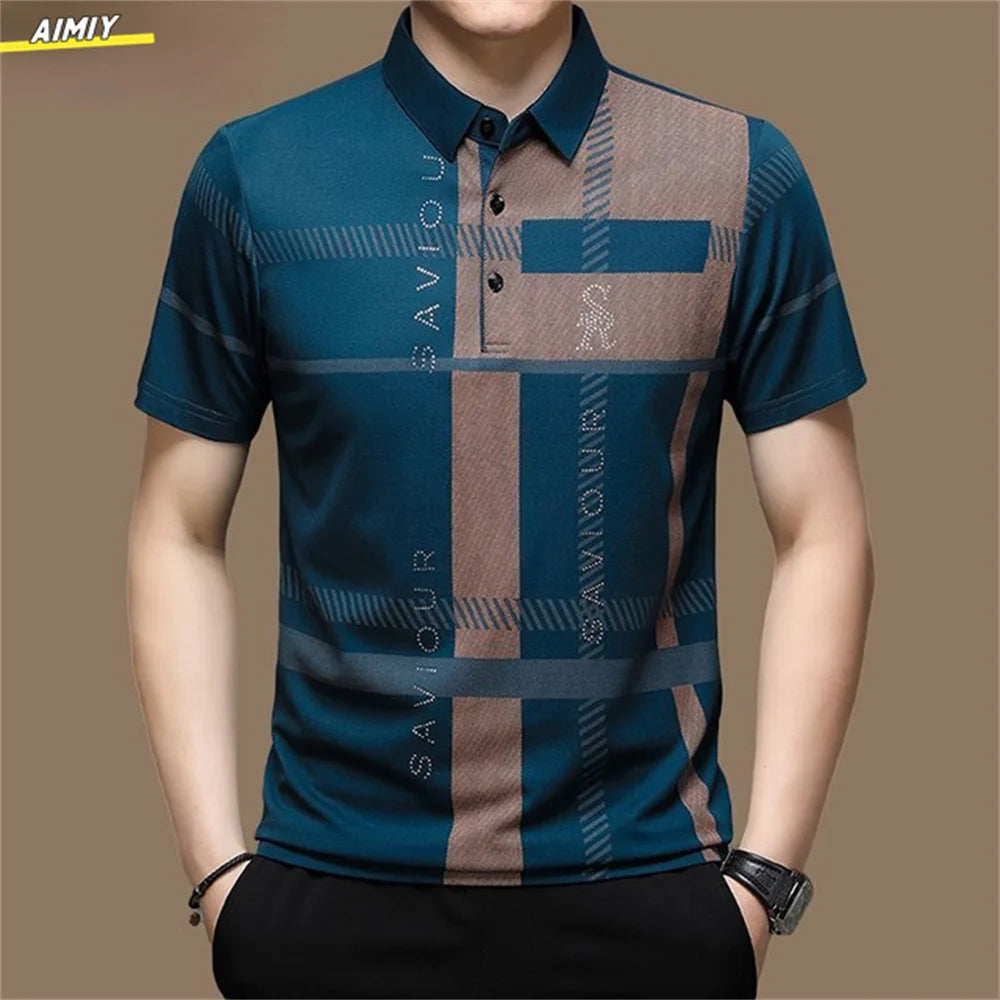 Men's Polo Shirt Business Casual Summer Short Sleeves Tops Pattern Print Button T Shirt Loose Clothes Fashion Polo T Shirt