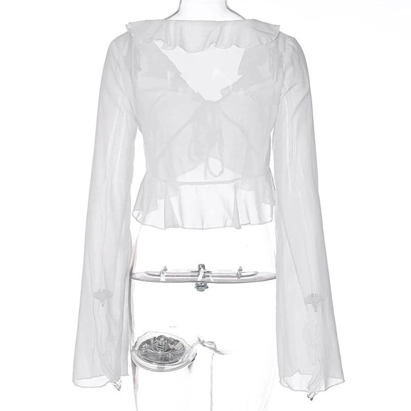 Vintage 90s Streetwear Ruffles Trim Green Chiffon T-shirts Y2K Fashion Sexy Deep V Lace Up Long Sleeve Tops Transparent - AMULET RING STORE