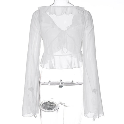 Vintage 90s Streetwear Ruffles Trim Green Chiffon T-shirts Y2K Fashion Sexy Deep V Lace Up Long Sleeve Tops Transparent - AMULET RING STORE