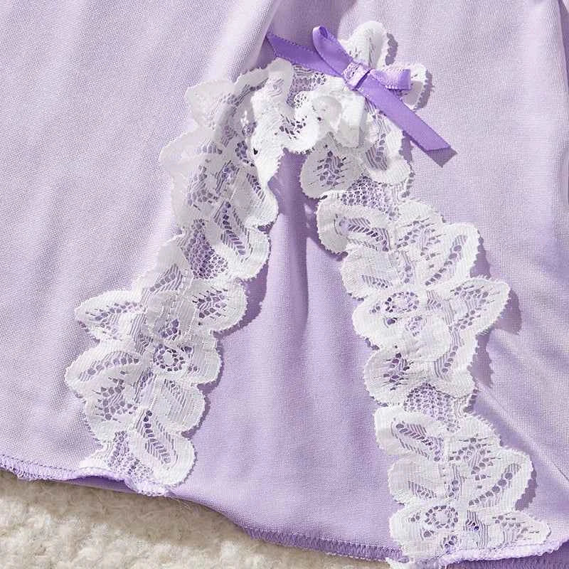 Deep V Women Nightdress Light Purple Sexy Adult Lace Bow Temptation Lingerie Gentle Erotic Clothing Dress Babydoll Underwear Set
