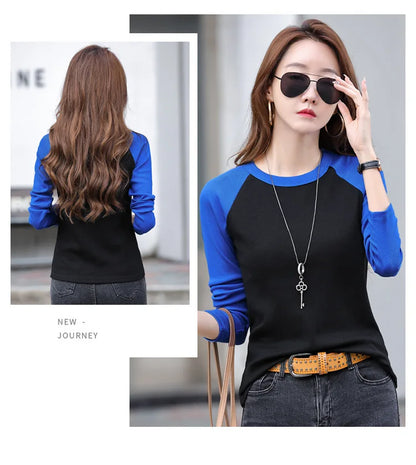 Cotton Slim T Shirt Women Contrast Color Womens Shirt Korean Fashion Clothing Long Sleeve Top 2024 Spring Autumn Tee Shirt Femme