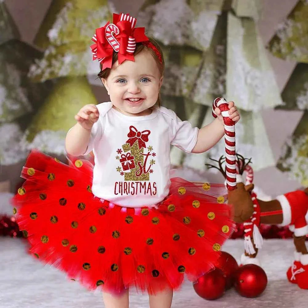 My 1st Christmas Baby bodysuit + Dress set Christmas Party Baby girl Dresses Infant short Sleeve cake Dress Set Toddler Clothing