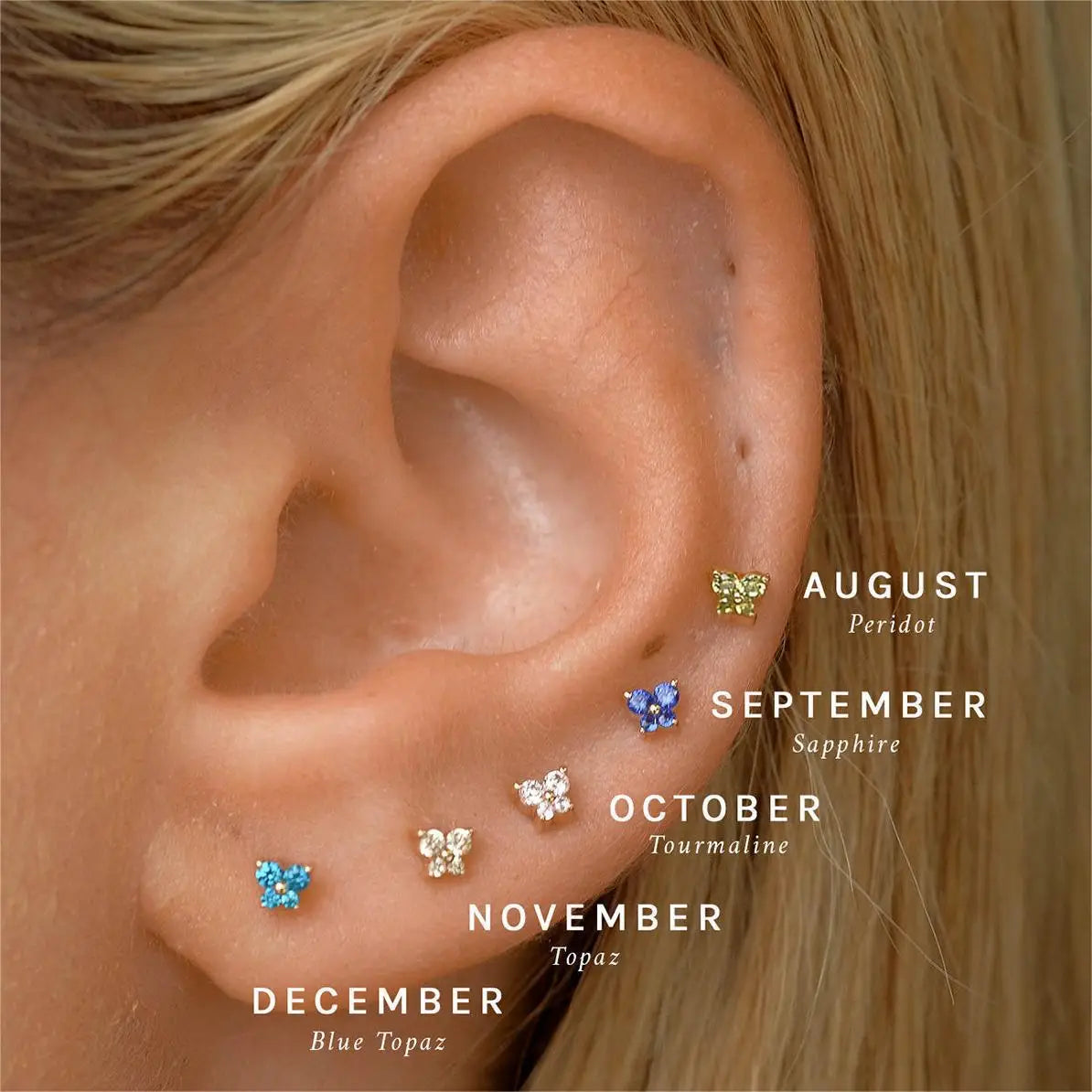 1PC Stainless Steel Birthstone Little Ear Stud Earrings 12 Zodiac Signs Crystal Zirconia Butterfly Earring Party Wedding Jewelry