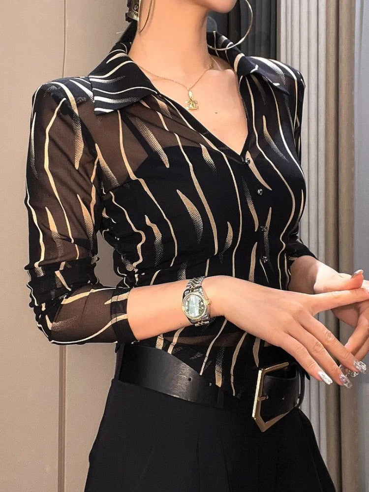 Female Crop Tops Striped Transparent Black Summer Full Long Sleeve Sexy Button Up Women's Shirt and Blouse See-through Chic M Xl