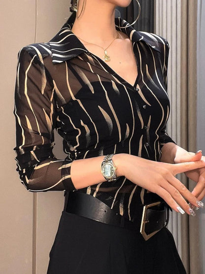 Female Crop Tops Striped Transparent Black Summer Full Long Sleeve Sexy Button Up Women's Shirt and Blouse See-through Chic M Xl