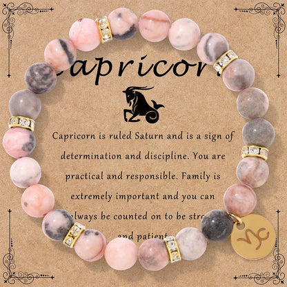 MHS.SUN 12 Star Zodiac Sign Pink Zebra Stone Beaded Bracelets Constellation Fashion Birthday Party Jewelry For Women Men