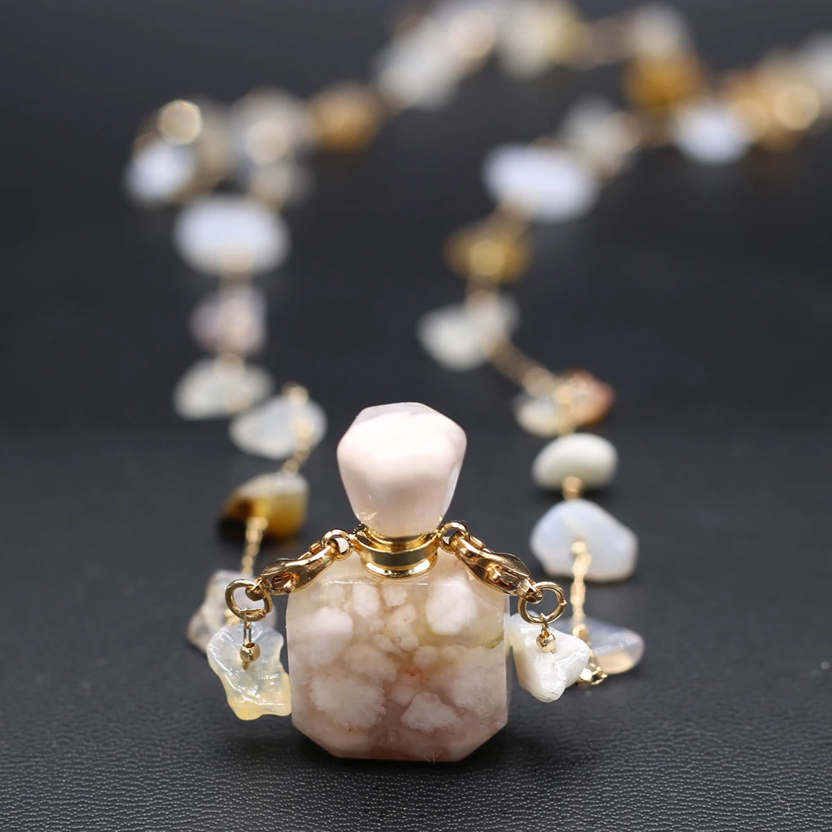 Perfume Bottle Necklace Natural Stone Cherry Blossom Agate Perfume Bottle Pendant For Women Christmas Halloween Gift Chain 80cm - AMULET RING STORE