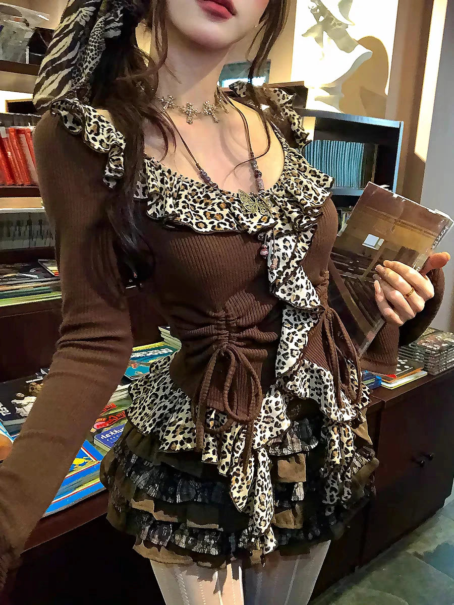 Irregular Shirt Trashy 2000s Vintage Tops Subculture Y2k Leopard Print T-Shirt Harajuku Ruffled Blouses Grunge Aesthetics V-neck - AMULET RING STORE