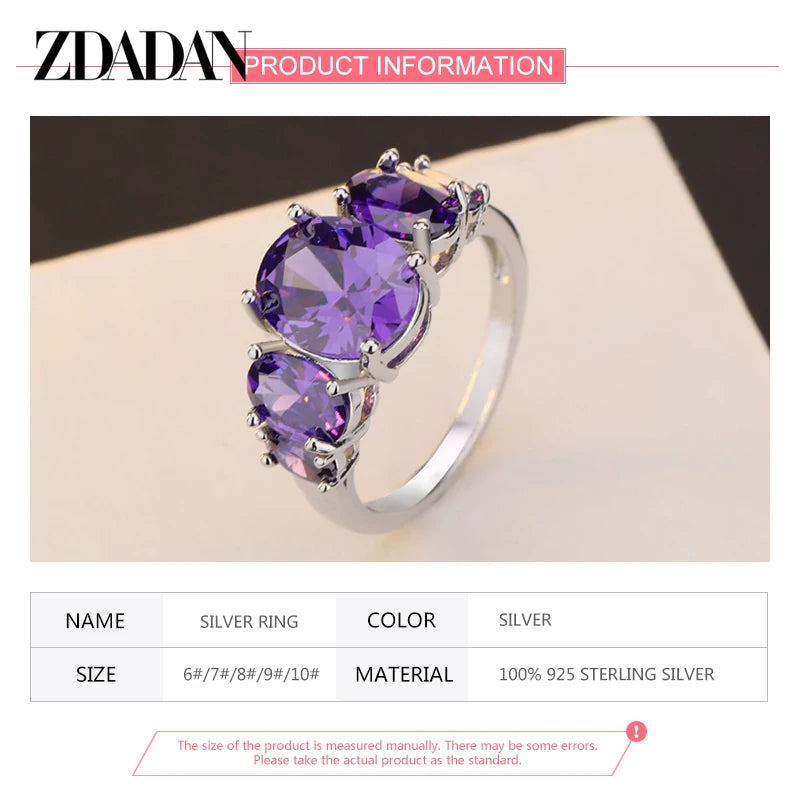 ZDADAN 925 Sterling Silver Amethyst Finger Ring For Women Fashion Wedding Jewelry Gifts
