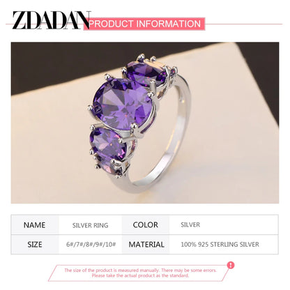 ZDADAN 925 Sterling Silver Amethyst Finger Ring For Women Fashion Wedding Jewelry Gifts