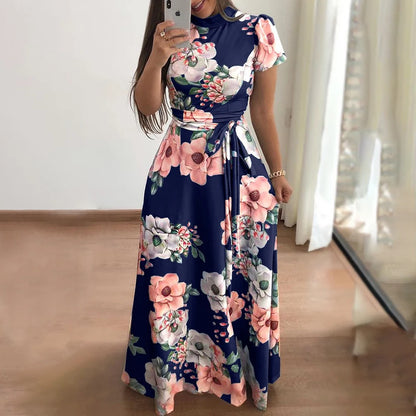Women's Floral Print Summer Dress - 2025 New Boho A-Line Swing Dress with Short Sleeves, High Waist Flowy Maxi Dress for Beach & - AMULET RING STORE