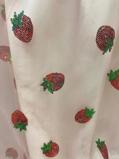 French Style Strawberry Two-tone V-neck Long Dress Sequins Ruffles Fashionable Net Yarn Sleeveless Robe