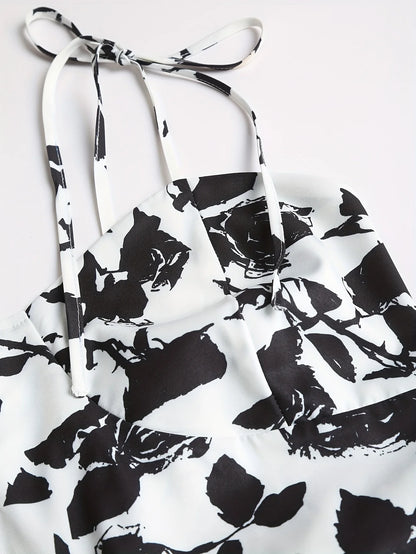 2024 European and American fashion plus size women's new flower print A-line skirt bow tie slit dress