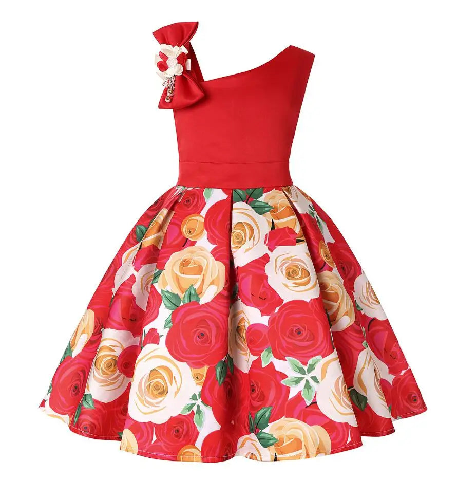 Summer Girls Rose Print Dress Princess Wedding Birthday Party Frocks Satin Children Vestidos Dresses For Girl Christmas Clothing