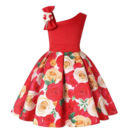 Summer Girls Rose Print Dress Princess Wedding Birthday Party Frocks Satin Children Vestidos Dresses For Girl Christmas Clothing