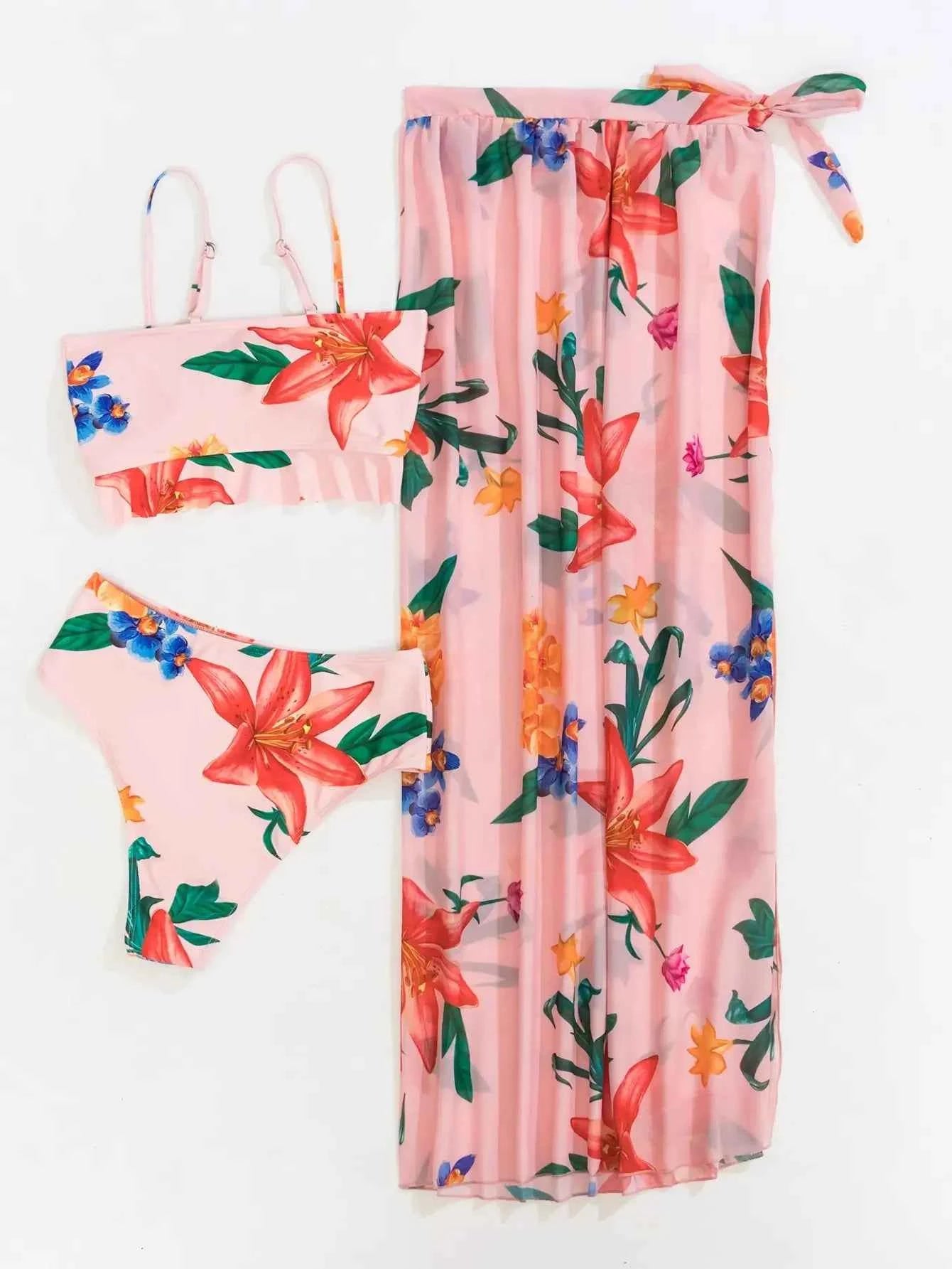 3 Pieces Floral Print Knot Front Bikinis 2025 Women Ruffle Swimwear Female High Waist Swimsuit With Beach Skirt Bathing Suit