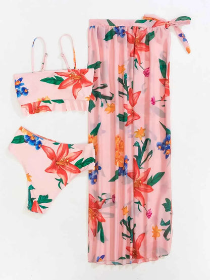 3 Pieces Floral Print Knot Front Bikinis 2025 Women Ruffle Swimwear Female High Waist Swimsuit With Beach Skirt Bathing Suit