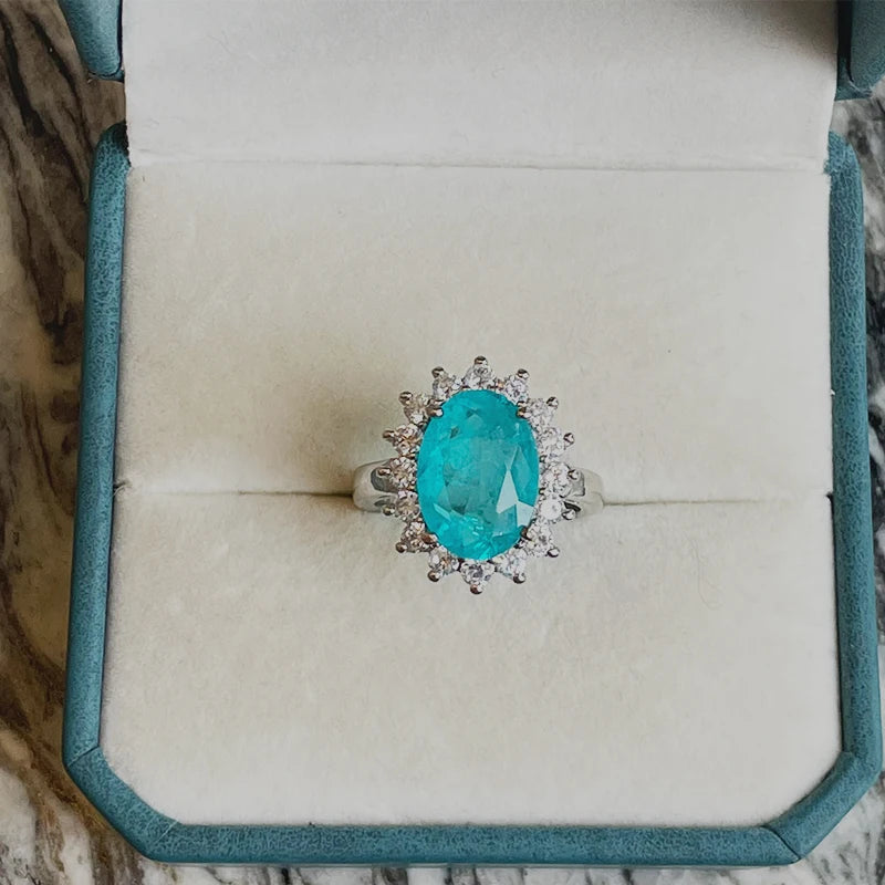 Cellacityi Luxury Paraiba Tourmaline Ring  Sterling Silver Oval shape Finger Rings for Women Sterling Silver Fine Jewelry