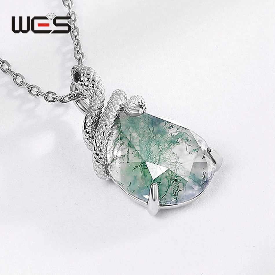 WES 100% 925 Silver Natural Unique Moss Agate Pendant Necklace for Woman Forest Jewelry Engagement Gift Boho Style Wholesale - AMULET RING STORE