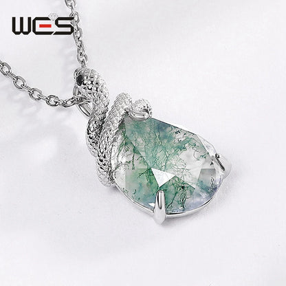 WES 100% 925 Silver Natural Unique Moss Agate Pendant Necklace for Woman Forest Jewelry Engagement Gift Boho Style Wholesale - AMULET RING STORE