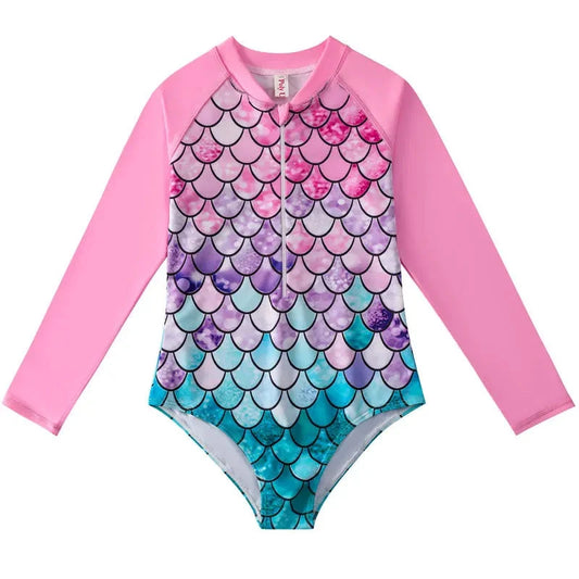 European American Style Mermaid Swimsuit Baby Girls Long Sleeves One-piece Swimsuit Hot Spring Fish Scale Kids Swimsuit 4-12Y - AMULET RING STORE