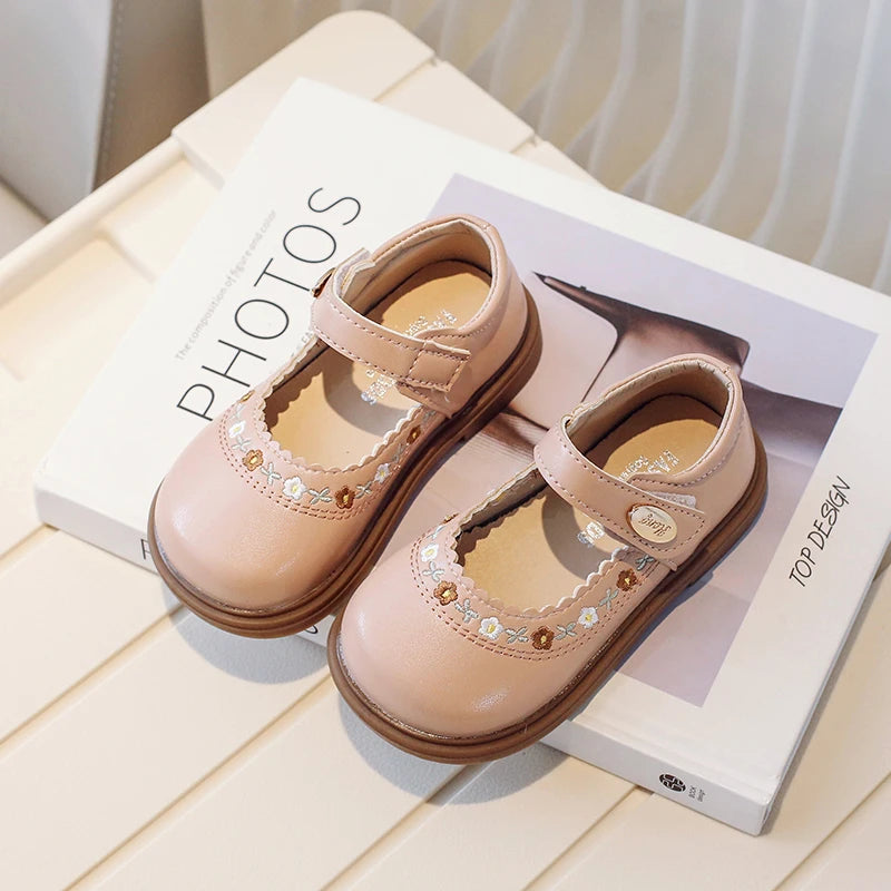 Toddler Girl's Mary Janes Flower Embroider Shallow Sweet Children Leather Shoes Three Colors Hook-loop Comfy Kids Shoe 21-30 - AMULET RING STORE