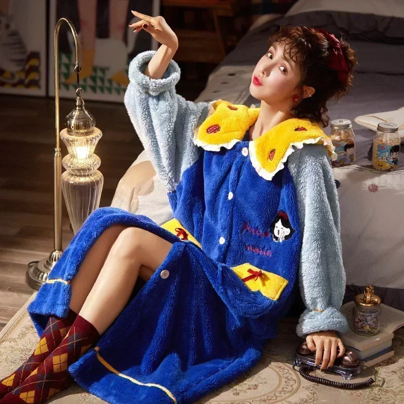 2024 Winter Pajamas For Women Cartoon Hooded Long Robe Strawberry Jacket Cute Home Wear Sleepwear Kawaii Flannel Warm Bathrobe - AMULET RING STORE