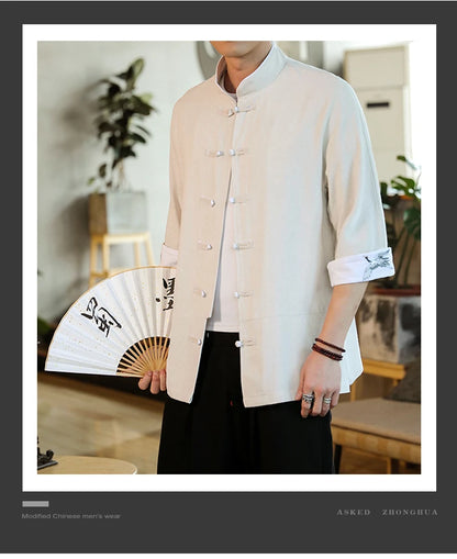 New Crane Embroidery Top Traditional Chinese Clothing for Men Vintage Half Sleeve Linen Shirts Solid Madarin Collar Hanfu Kungfu
