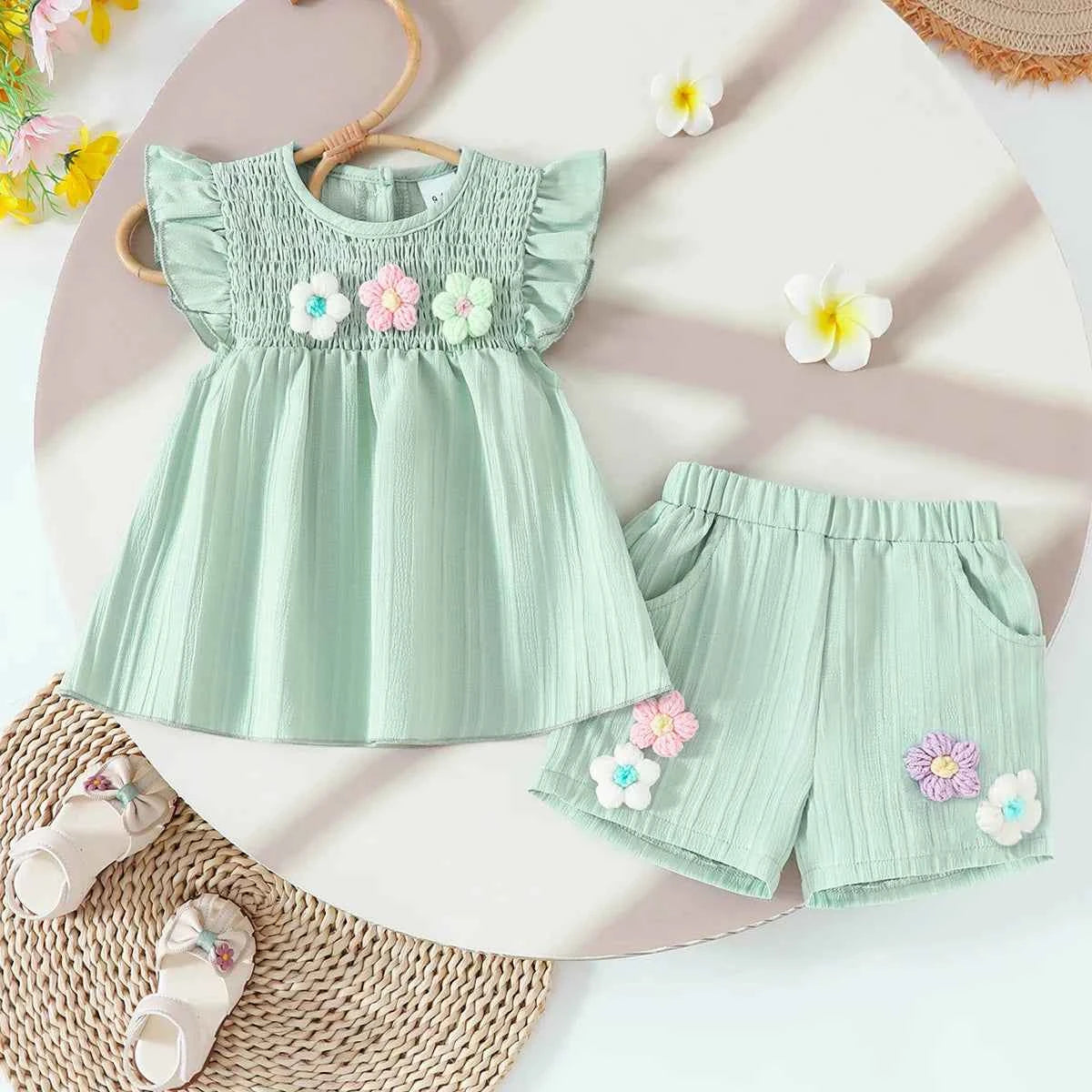 Baby Girls Summer Set Flowers Short Sleeved Top Bow Shorts Casual Toddler Clothes for Kids 1-4 Year