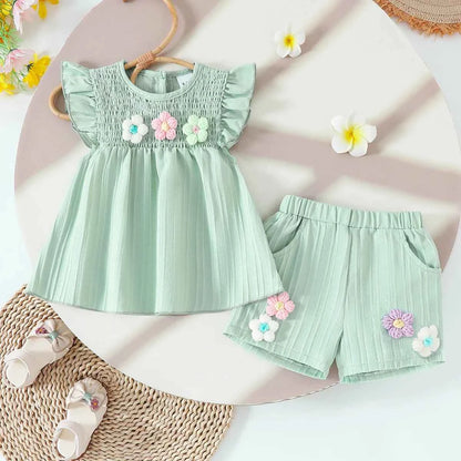 Baby Girls Summer Set Flowers Short Sleeved Top Bow Shorts Casual Toddler Clothes for Kids 1-4 Year