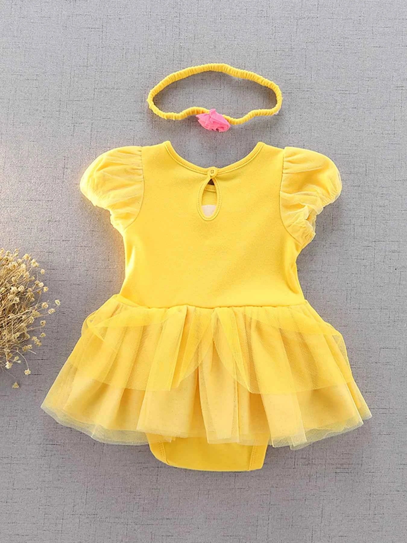 Baby Girl Birthday Outfit Set Short-sleeved Bodysuit Princess Romper Dress With Headband Yellow 3D Floral Girl Clothes 3-18M