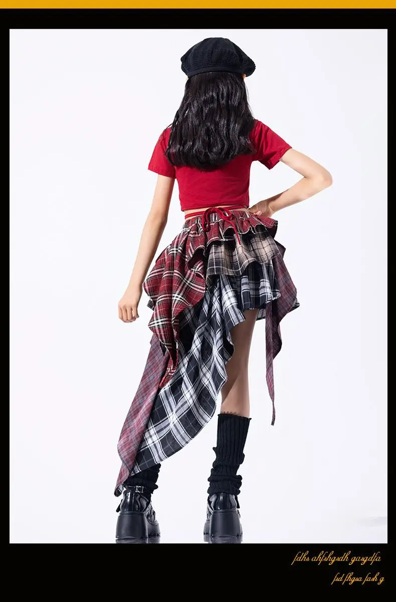 Hip Hop Girls Crop Top Plaid Street Dance Skirt Kids Ribbon Pleated Skirts Teens Jazz Cool Costumes Child Streetwear Clothes Set