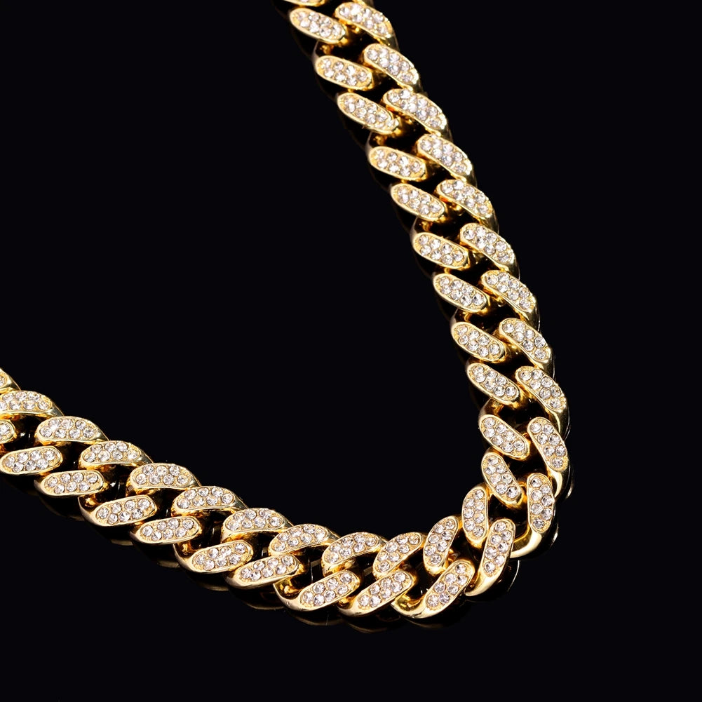 Iced Out Bling AAA Rhinestones Prong Cuban Link Chain Men's Necklace 2 Row Crystal Curb Cuban Chain Hip Hop Jewelry 13/14/20MM - AMULET RING STORE