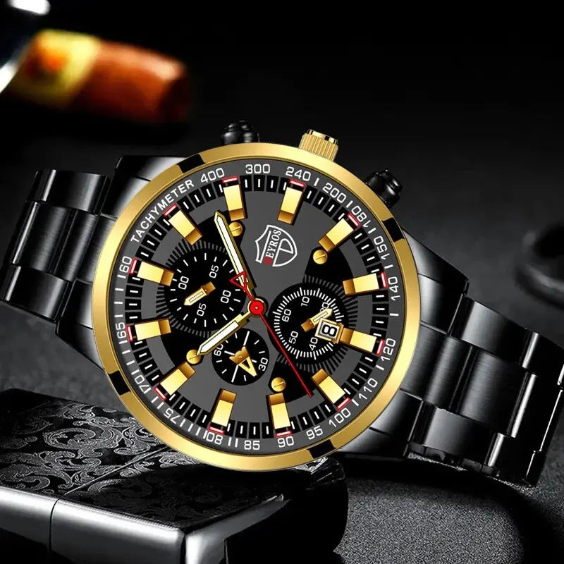 Luxury Men's Casual Fashion Business Gold Needle Digital Steel Band Quartz Watch Calendar Designed For Successful Men Classic - AMULET RING STORE