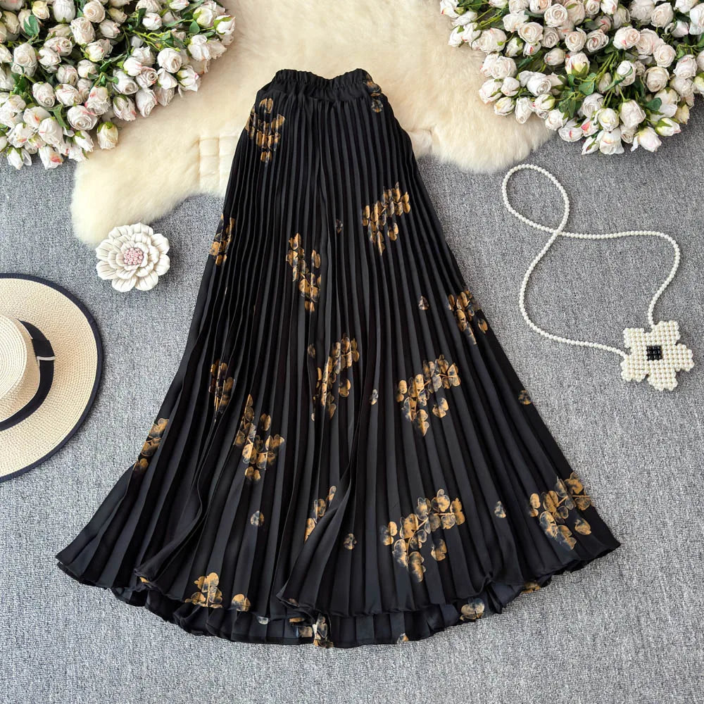 Chiffon A-Line Midi Skirt Women's Autumn 2025 New Sle Cover Hip Draped Large Swing Umbrella Skirt Pleated Floral Skirt