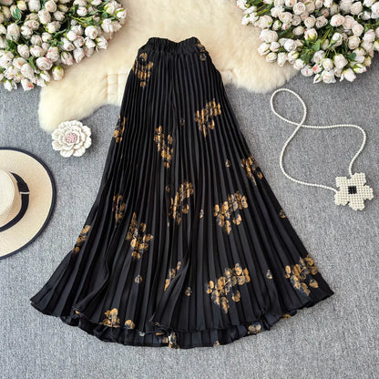 Chiffon A-Line Midi Skirt Women's Autumn 2025 New Sle Cover Hip Draped Large Swing Umbrella Skirt Pleated Floral Skirt