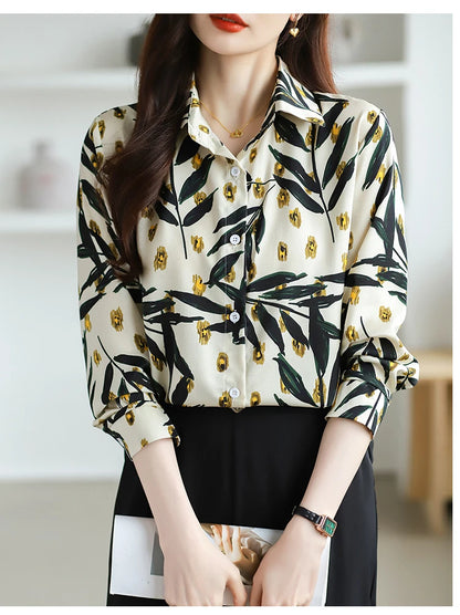 2025 Spring Autumn New Office Lady Blouse Fashion Floral Printed Shirt Turndown Collar Med-Length Long Sleeve Women Tops