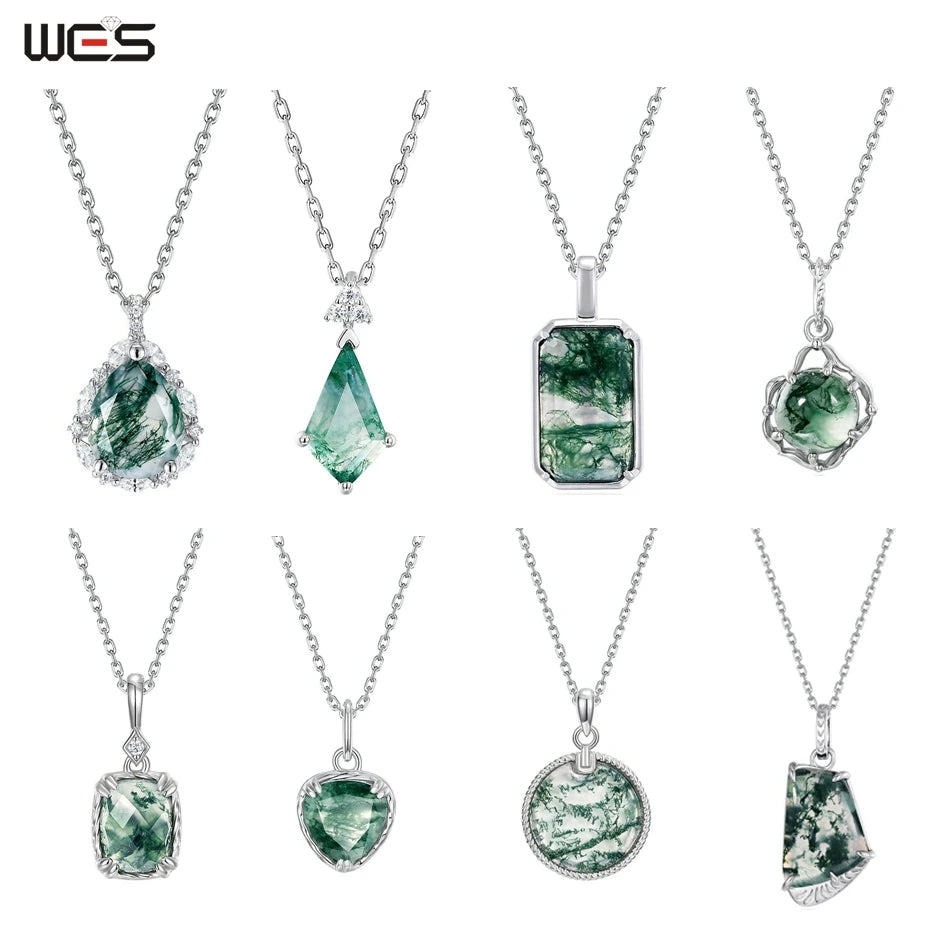 WES 100% 925 Silver Natural Unique Moss Agate Pendant Necklace for Woman Forest Jewelry Engagement Gift Boho Style Wholesale - AMULET RING STORE