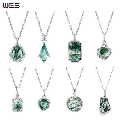 WES 100% 925 Silver Natural Unique Moss Agate Pendant Necklace for Woman Forest Jewelry Engagement Gift Boho Style Wholesale - AMULET RING STORE