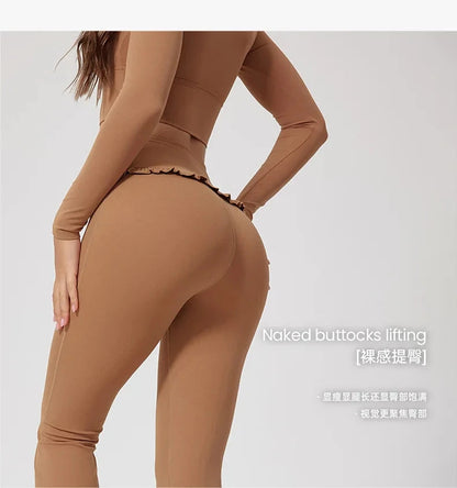 1/2PCS Pad Women Yoga Set Lotus Gym Fitness Long Sleeve Sports Crop Top High Waist Bell Flare Legging Workout Athletic Wear