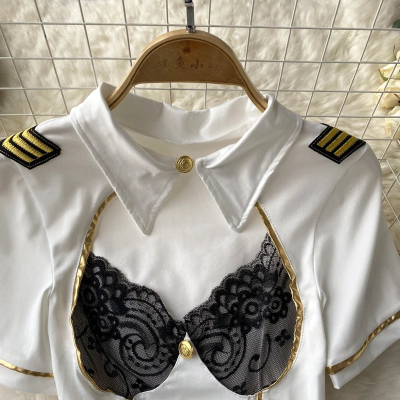 Women Sexy Hollow Skirts Suits Lace Patchwork Turn-down Collar Tops Mini Skirt Underpants 3 Pieces Erotic Pajamas Sets Cosplay - AMULET RING STORE