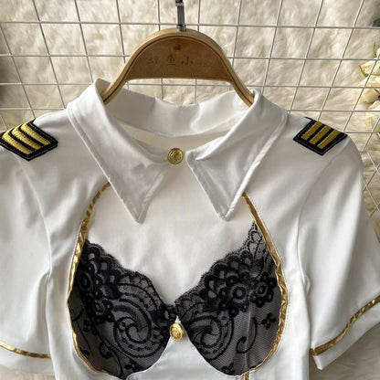 Women Sexy Hollow Skirts Suits Lace Patchwork Turn-down Collar Tops Mini Skirt Underpants 3 Pieces Erotic Pajamas Sets Cosplay - AMULET RING STORE